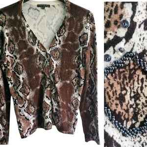 Pierri Women's Cardigan Sweater Snakeskin Pattern Beaded V-Neck Size Medium